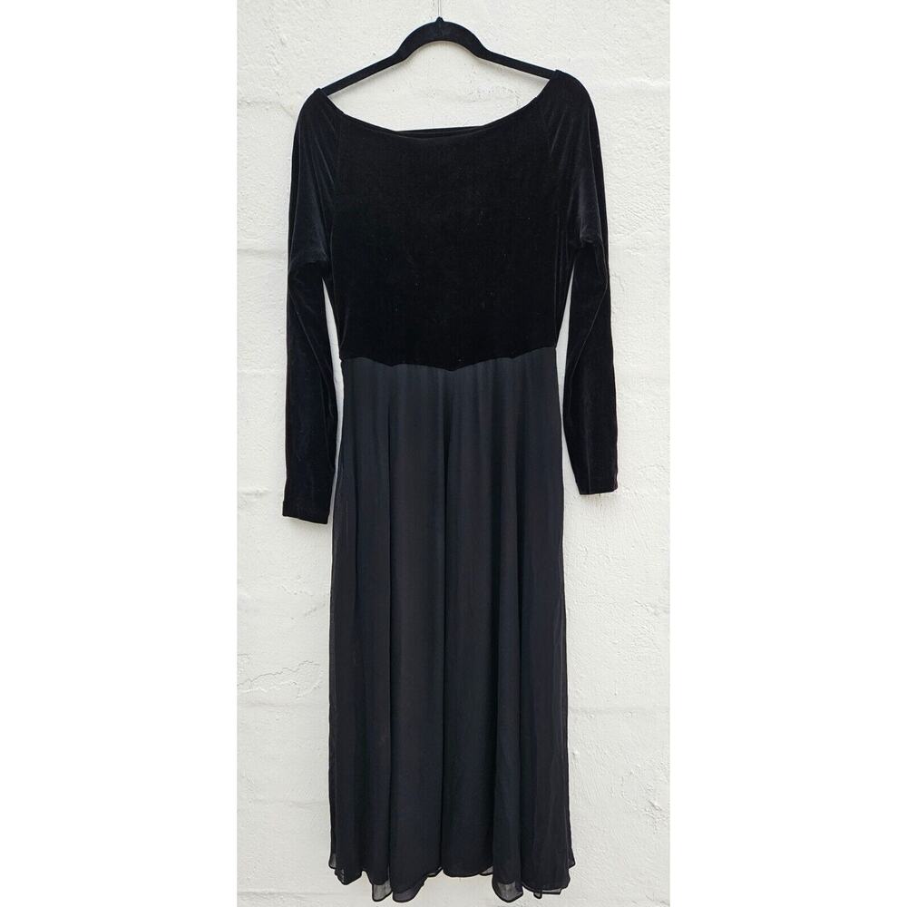 Vintage Ann Taylor Dress‎ 12 Black Velvet Maxi Stretch Sheer Overlay Goth Gown - Picture 3 of 8